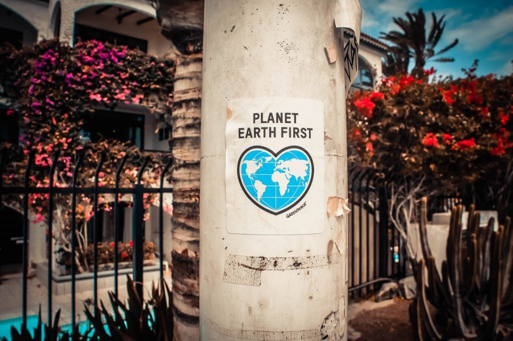 Poster on a lamppost showing a heart-shaped Earth and the words 'Planet Earth First'.