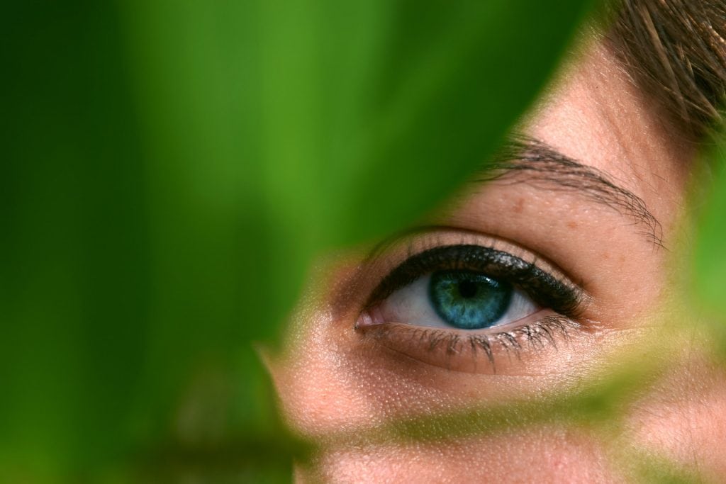 Close-up of a woman's eye peering through green leaves.